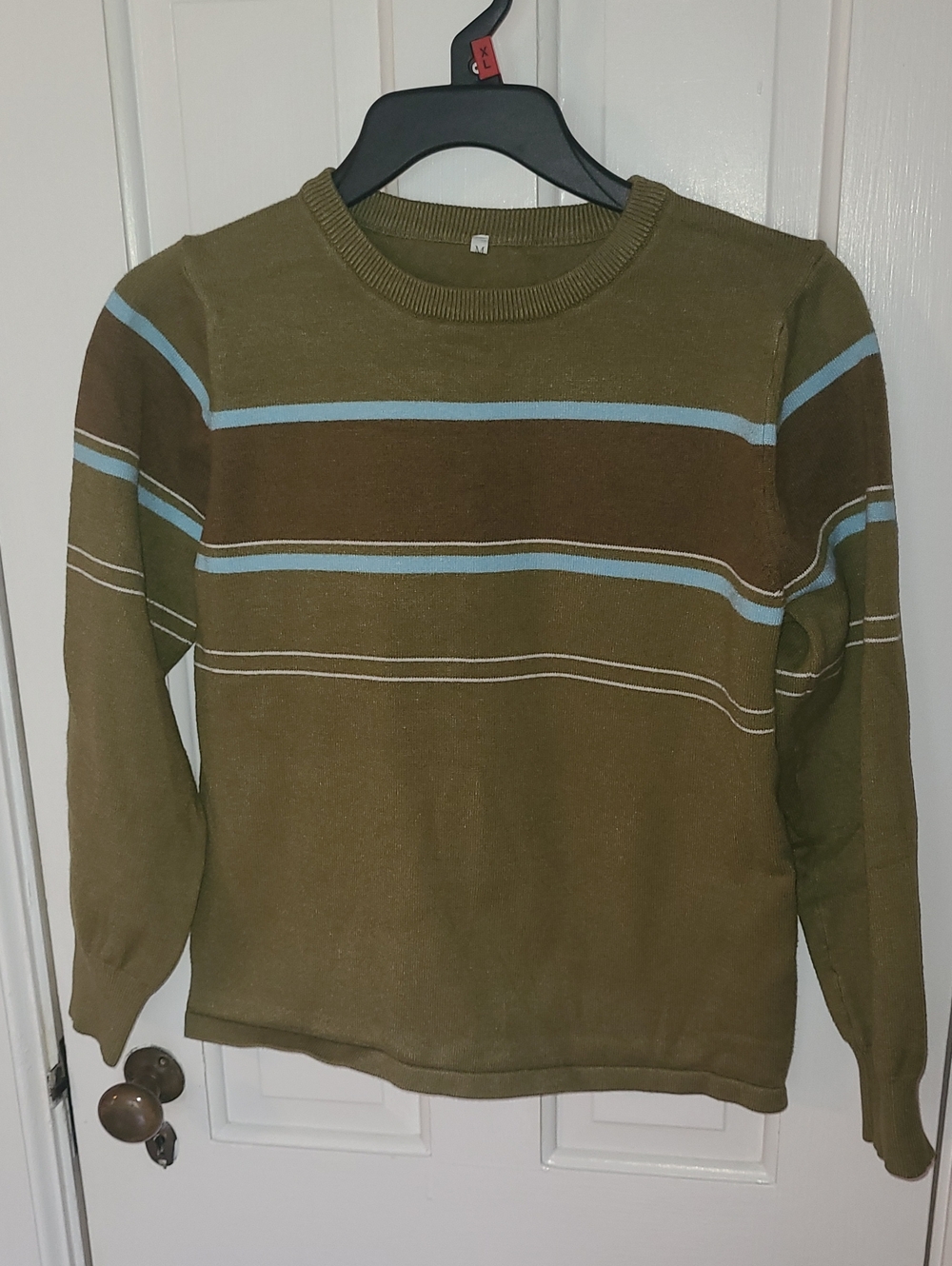 Olive Green Striped Crewneck Sweater with Blue And Brown Accents, Size M